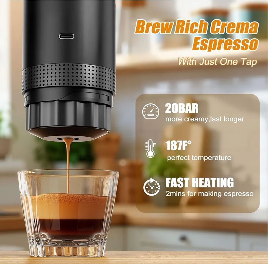 Máquina de café expresso elétrica portátil, mini cafeteira de viagem de 20 barras, máquinas de café Expresso com USB-C, cafeteira de carro 3 em 1 autoaquecida, café moído e cápsula (Ns&DG) para escritório, camping, RV por Apenas R$800. 